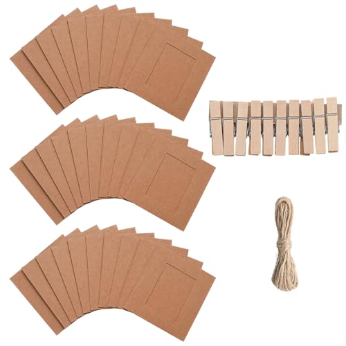 30Pcs 3x3Inch Brown Paper Photo Frames with String & Clips - color: Brown, size: 3x3inch