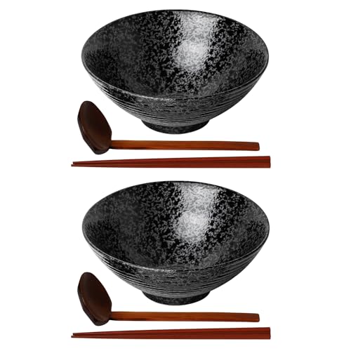Kanwone Ceramic Japanese Ramen Bowl Set, Noodle Soup Bowls - 37 Ounce, with Matching Spoons and Chopsticks for Udon Soba Pho Asian Noodles, Set of 2, Black - color: Black, size: 8 Inch