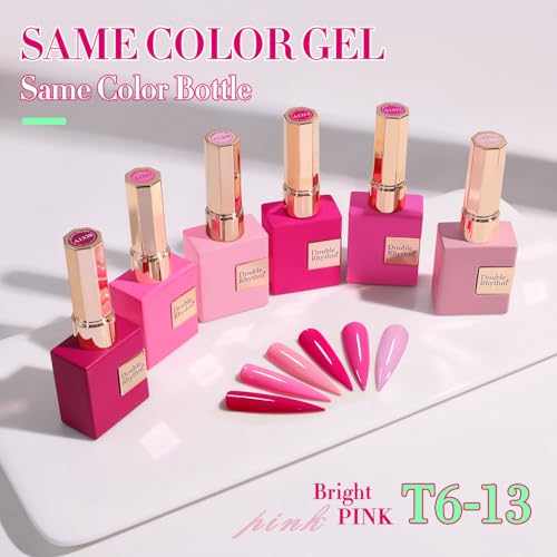 Double Rhythm 6 Pcs 15 ML Gel Polish Set Same Color Same Bottle Soak Off Gel Polish Kit Nail Art Manicure Salon DIY at Home for Women (Bright Neon Light Pink Purple-T6-13) - color: Bright Pink