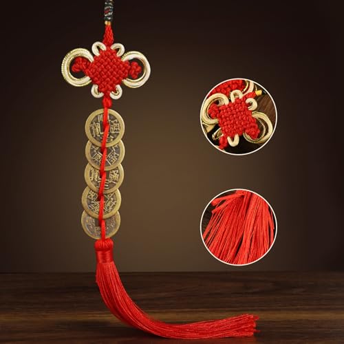Feng Shui Gold Coins Chinese Luck Charm, Red Knot Wall Hanging for Car,House,Office, Wealth and Success Five Emperor Money(5coins) - 2pcs - color: Floral Knot Five Emperor Coins Ornament 2pcs