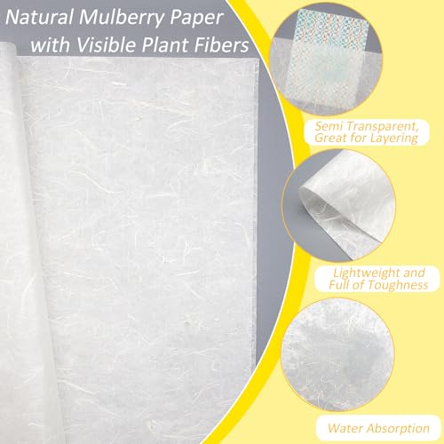 Benvo 50 Sheets A4 Natural Mulberry Paper Visible Plant Fibers Rice Paper Printable Decoupage Tissue Paper Sheets for Writing, Painting, Card Making, DIY Crafts(8.3x11.7in, Semi Transparent Off White) - color: White with Plant Fibers