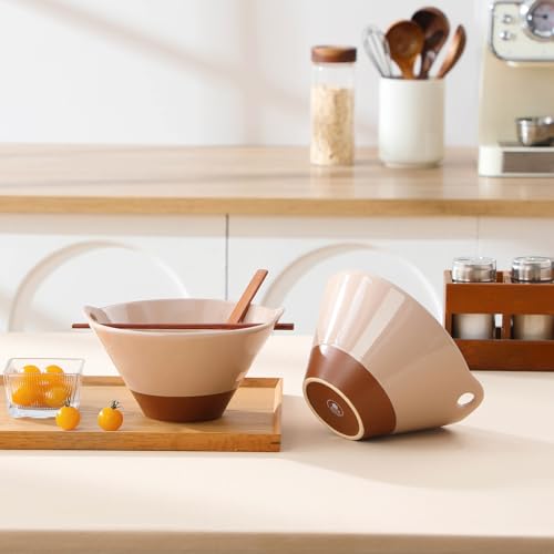 MALACASA 42 oz Ceramic Ramen Bowls with Chopsticks & Spoon, Pink & Khaki - color: Pink and Khaki