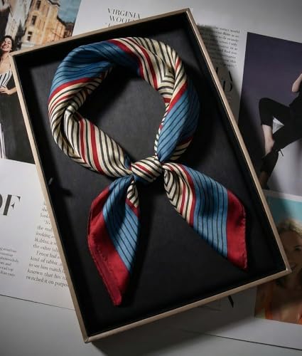 corciova Women’s Square Scarf 27.5 in (70 x 70 cm), Satin-Feel Polyester, Lightweight Fashion Scarf for Hair, Neck and Bag - color: Geometric Striped (Blue / Red / Black / White)