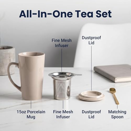15 Ounce Porcelain Tea Mug with Infuser, Lid and Spoon, Loose Leaf Tea Cup, Grey - color: Gray