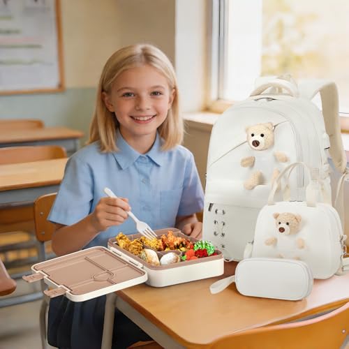ACESAK 4PCS Backpack for Girls with Leakproof Bento Box (White) - color: Beige