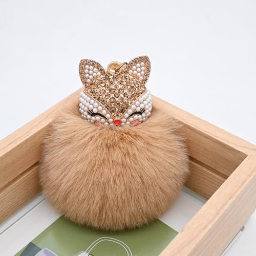 Faux Rabbit Fur Pom Pom Keychain with Fox Head - color: Brown