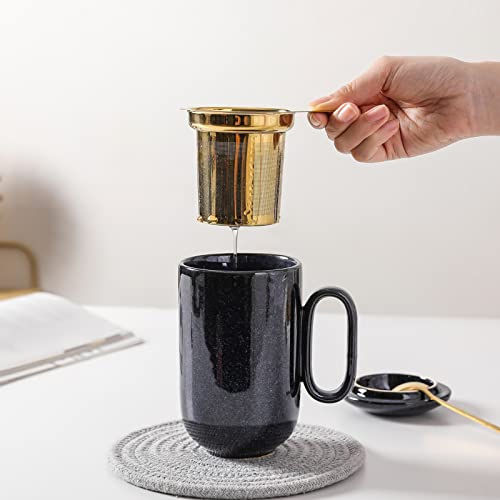 Ceramic Tea Cup Mug Infuser - VICRAYS Large 16 oz Hot Loose Steeping Handle Teacup with Leaf Infuser Spoon Lid - Blue Tall Glazed Strainer Coffee Mug Microwave Safe - Blue - color: Blue