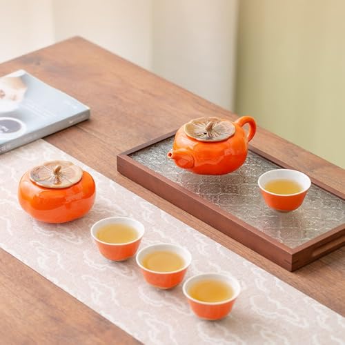 Portable Gongfu Ceramic Tea Set - Beautiful Persimmon-Shaped Chinese Tea Set with Teapot, Tea Can & 4 Cups, Gift Boxed