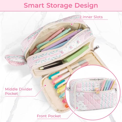 WOBAGMEN 62PCS Aesthetic School Supplies with Quilted Pencil Case, Pastel Highlighters, Gel Pens Mechanical Pencils Set, Cute Back to School Supplies, College Essentials (Pink Floral Patchwork, M) - color: Pink Floral Patchwork