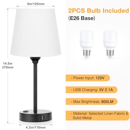 White Bedside Lamps Set 2 for Bedroom - Dimmable Touch, USB C+A, AC Outlet - color: White