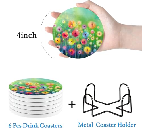 Nikyi 6 Pcs Watercolor Floral Ceramic Drink Coasters, Absorbent Round Coaster with Cork Backing & Metal Holder, Abstract Flower Coasters Perfect for Coffee Table Office Home Decor & Housewarming Gift - color: Watercolor Floral