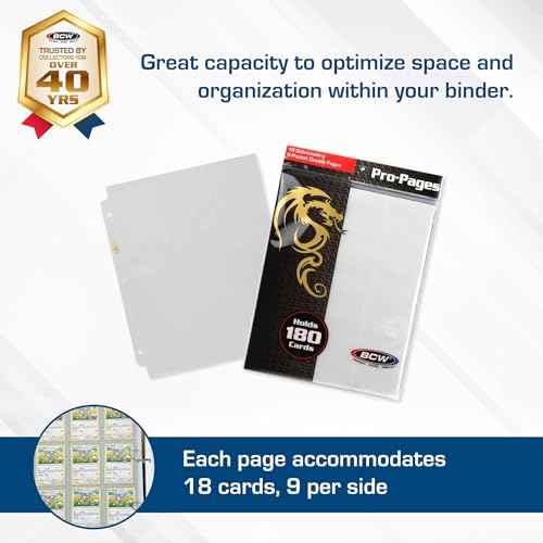BCW Double-Sided 9-Pocket Pages Holder - 50 White Pages | Trading Card Binder Sheets | Secure Side Loading | Ideal Card Storage and Display Solution - color: White