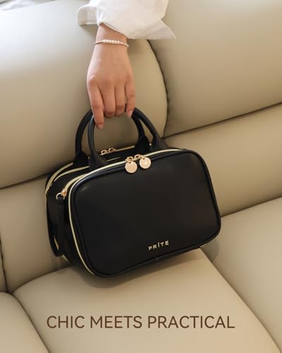 Prite Large Makeup Bag, Waterproof Travel Cosmetic Case with Brush Holder - color: Black, size: Large