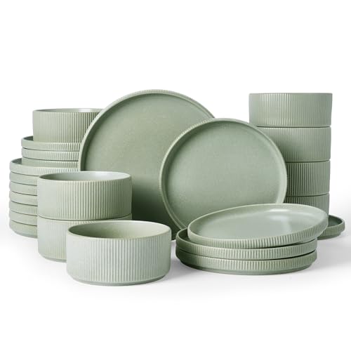 Famiware Star Stoneware Dinnerware Sets for 8, Reactive Glaze Plates, Bowls - color: Matte Sage Green