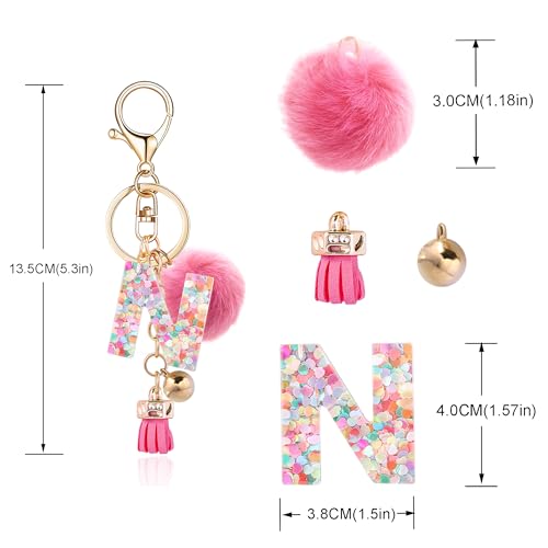 Resin Alphabet Initial Letter Keychain Keyring for Women Purse Handbags With Fur Ball Pom - color: Deep Pink Fur Ball Letter N
