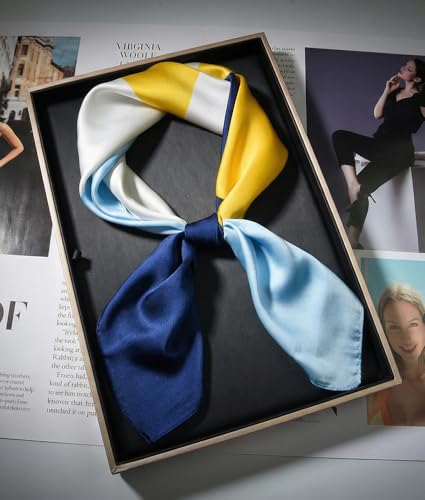 corciova Women’s Square Scarf 27.5 in (70 x 70 cm), Satin-Feel Polyester, Lightweight Fashion Scarf for Hair, Neck and Bag - color: Geometric (Navy Blue / Sky Blue / Yellow / White)