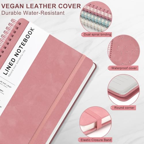 Lined Spiral Journal Notebook, A5 Hardcover Leather Notebook for Work, 5.7''×8.2'', 100GSM Thick Paper Spiral Bound Journaling Notebook for Women Men Office School Note Taking Business, Morandi Pink - color: Morandi Pink, size: A5