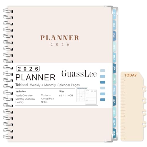 GuassLee Large 2026 Planner, Weekly and Monthly Planner from January 2026-December 2026, 8.5"x 11" Calendar Agenda Book with Back Pocket, Stickers for Home Office School Supplies, A4 Size, Khaki - color: Khaki