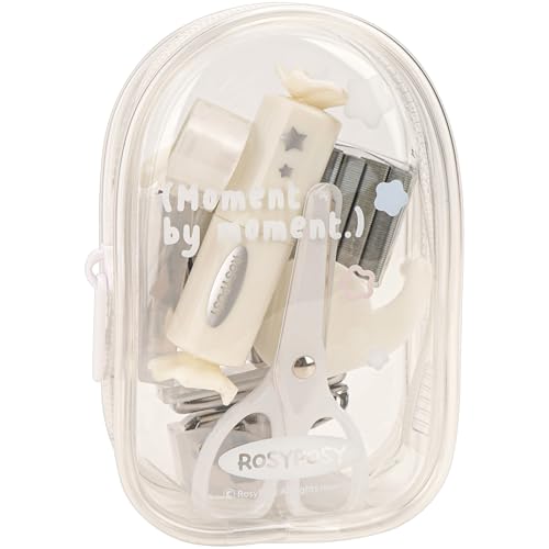 7-Pieces Clear Desk Organizer Set - with Stapler, Hole Punch, Tape Dispenser, Scissors & Highlighters, Transparent Office Supplies Kit for Home Office, School & Workspace - color: White