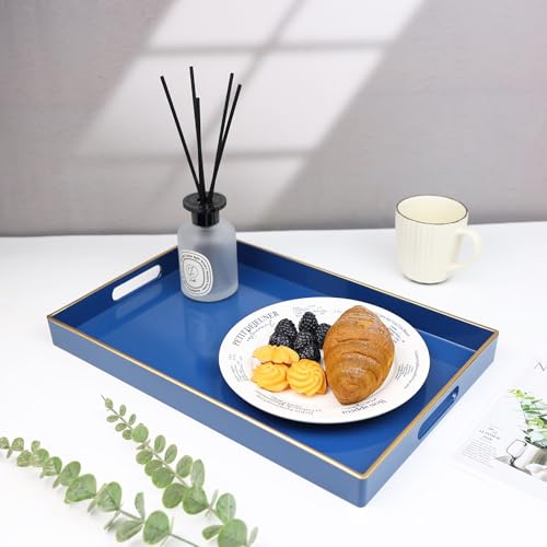 Spsyrine Blue Decorative Serving Tray with Handles, Elegant Plastic Coffee Table Tray for Ottoman, Living Room, Home Decor 15.6" X 10.2" - color: Navy Blue