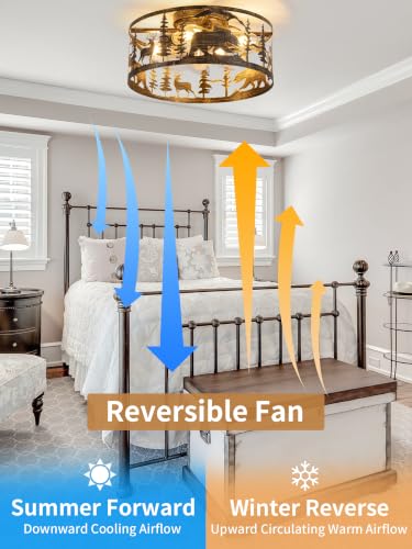Farmhouse Caged Ceiling Fans with Lights and Remote Control,Rustic Gold Black Chandelier Fan with Bear Deer Design,Vintage Round Fandelier for Bedroom,Dining Room,Nursery - color: Distressed Gold with Black