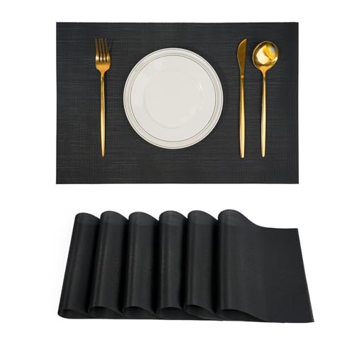 Placemats Set of 6，Non-Slip PVC Weave Table Mats Easy to Clean，Heat Resistant Place Mats for Kitchen Dining Table Decoration Indoor Outdoor，Black - color: Black