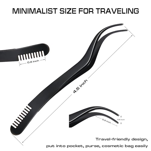 2 in 1 Lash Extension Tweezers with Comb, Stainless Steel Elbow Eyelash Extension Tweezers, Eyelash Tweezers for Lash Extensions, Precise Eyebrow Tweezers Tool for DIY False Eyelashes Clusters, Black - color: Black