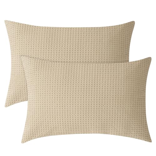 PHF Cotton Waffle Pillow Shams King Size, 20" x 36", Khaki, No Insert - color: Khaki, size: 36" x 20" (Pack of 2)