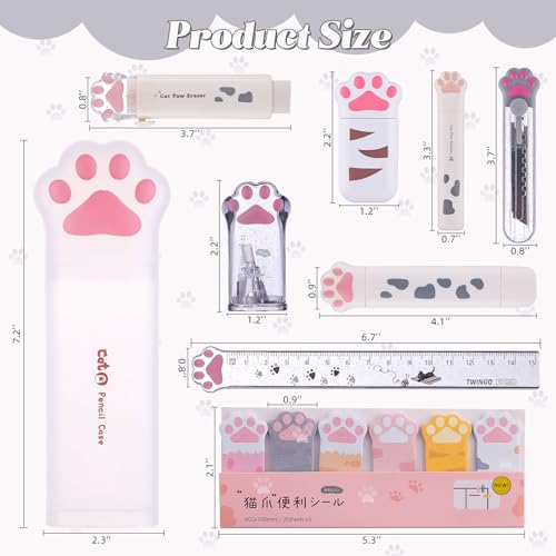 9 Pcs Cute Cat Paw Stationery Set Kawaii School Supplies Including Pencil Sharpener Retractable Eraser Correction Tape Sticky Notes Ruler Mini Scissors Utility Knife for Cat Lovers Students (White) - style: Style B(White)