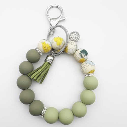 Unpafcxddyig Silicone Bead Keychain Bracelet Wristlet Key Ring - color: Army Green Flower
