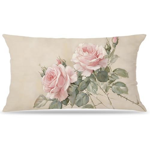 French Country Pink Rose Floral Pillow Cover 12x20 Double-Sided, Vintage Pink Flower Decorative Lumbar Throw Pillow Cover for Home Bedroom Living Room - color: A-rose-2, size: 20" x 12" (Pack of 1)