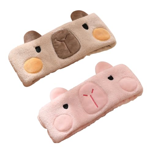 PERFECTSIGHT Kawaii Headband for Spa, Makeup, Washing Face, Party - 2 Pack Cute Hair Band for Shower Beauty Skincare, Soft Facial Headbands for Girls and Women (Brown+Pink Capybara) - color: Brown+Pink Capybara
