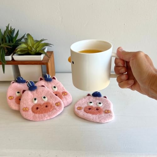 Humble Hilo Handmade Animal Felt Coaster Set of 4, Absorbent Coaster for Animal Lover (Funny Pig) - color: Funny Pig