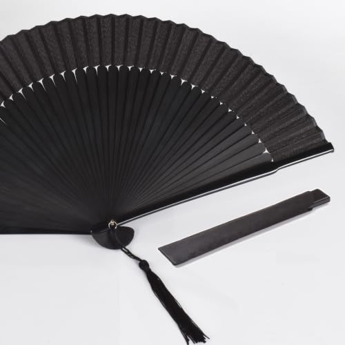 8.27" Hand Held Bamboo Silk Folding Fan, Foldable Small Hand Fan,Chinese/Japanese Charming Elegant Vintage Retro Style,Women Ladys Girls Best Gifts (Black) - color: Black Silk Hand Fan+Case 1p
