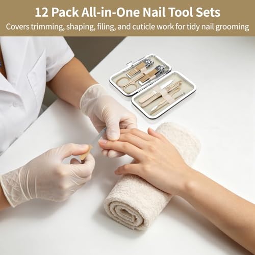 12Pack Stainless Steel Manicure Sets, 7pc Mini Travel Nail Grooming Tools