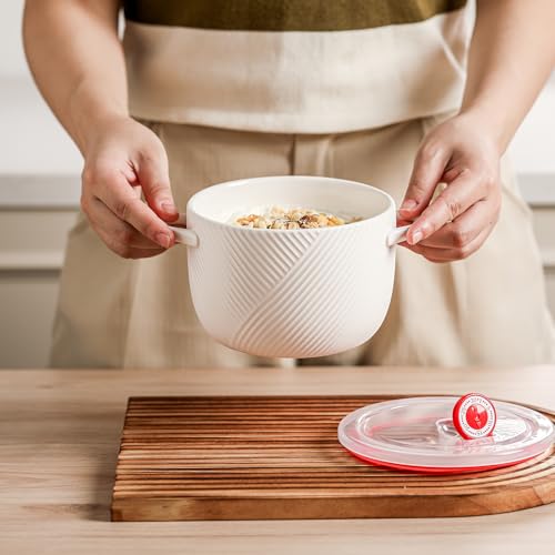 Ceramic Soup Bowl with Lid & Handle, Microwave Safe 32 oz, White - color: White, size: 1 pcs