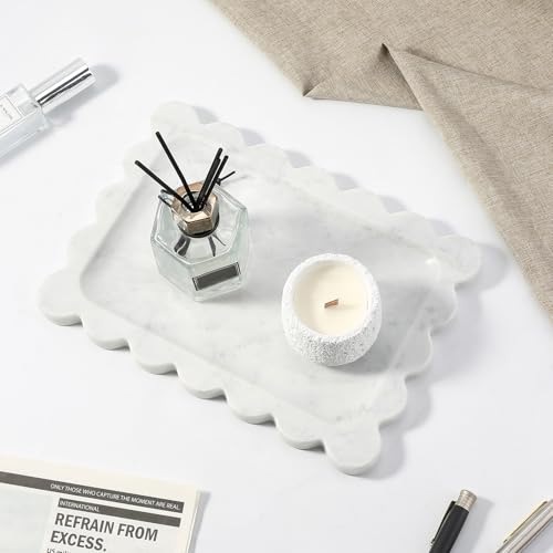 Koville Scalloped Marble Tray, 11"x8" Marble Vanity Tray for Countertop Bathroom Kitchen Dresser, Natural Stone Tray for Jewelry Perfume Home Decor, Decorative Catchall Trays(Bianco Carrara) - color: Bianco Carrara, size: 11" x 7.9" x 0.7"
