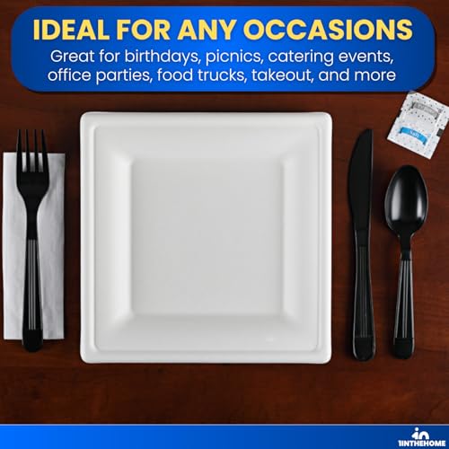 Cutlery Set Disposable Packet, Plastic Individually Wrapped Utensils Set – Knife, Fork, Teaspoon, Napkin, Salt & Pepper for (Parties, Dinners, Catering Services, Takeout) Black, 50 Pack