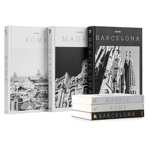 Maplefield Set of 3 XL Decorative Blank Hardcover Books for Decoration - Great for Tabletops, Coffee Tables, & Bookshelves - City Theme Minimalist Home Decor - Madrid, Rome, Barcelona