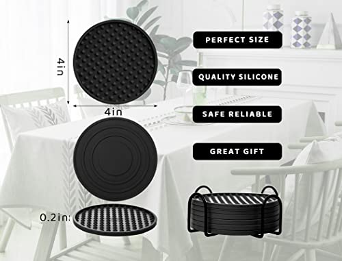 6 Pack Silicone Coasters for Drinks Rubber Coaster with Holder-Black - color: Black