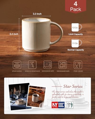 famiware Coffee Mug Set of 4, Star 12 oz Ceramic Mugs Cups Set with Handle - color: Star-Cappuccino White, size: 4 Count (Pack of 1)