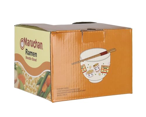 Mad Engine Ramen Bowl Maruchan Kawaii Noodles Microwave Dishwasher Safe Ceramic Bowl w/Reusable Bamboo Chopsticks (Kawaii Noodles)