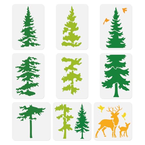 9Pcs Spliced Christmas Pine Trees & Deers Large Wall Stencils A4 Size Plastic Reusable Tree Templates for Painting on Wood Wall Fabric Glass Furniture, Christmas DIY Home Decor Stencils - style: Pine Tree B