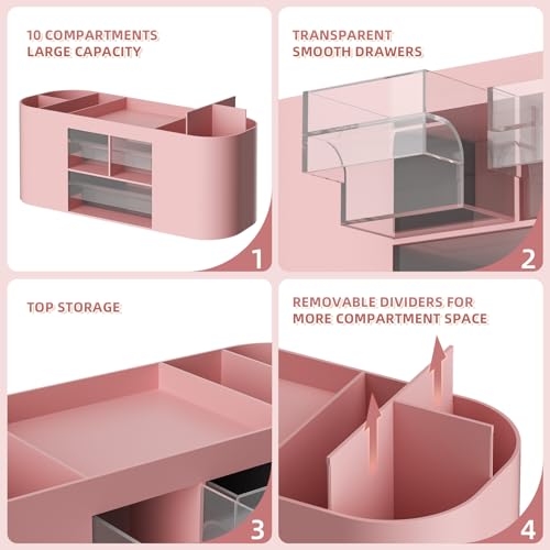 Marbrasse Desk Organizer Pen Holder for Desk with 3 Drawers, Multi-Functional Pencil Holder, Desk Organizers and Accessories with 7 Compartments for Home, School, Classroom(Pink) - color: Pink