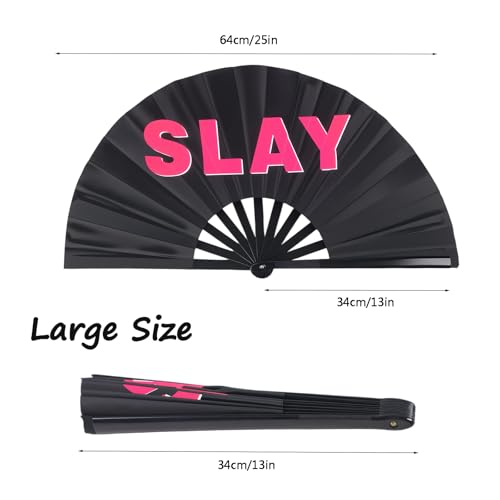 2 Pack Large Folding Hand Fan Men/Women Rave Fan, Chinese Kung Fu Tai Chi Hand Fan Black Vintage Foldable Hand Fans for Dancing, Festival, Gift, Home Decorations(Iconic & SLAY) - color: Iconic & SLAY