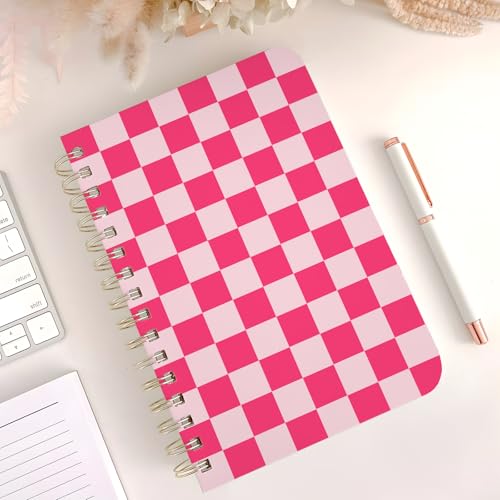 Cute Spiral Notebook Journal A5 6x9 Note Book with Pocket, Plaid - color: Pink Plaid