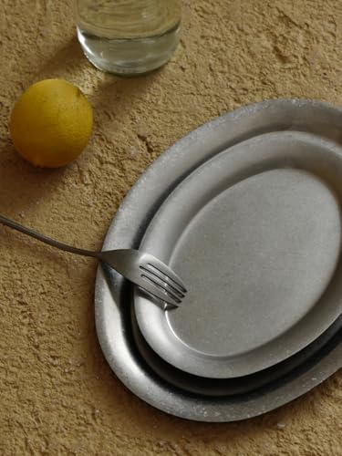 WENSHUO Vintage Oval Serving Plate, Distressed Stainless Steel Charcuterie Platter, Rustic BBQ Snack Dish, Outdoor Camping Tray (Large) - size: L: 10.6”L × 7.9”W