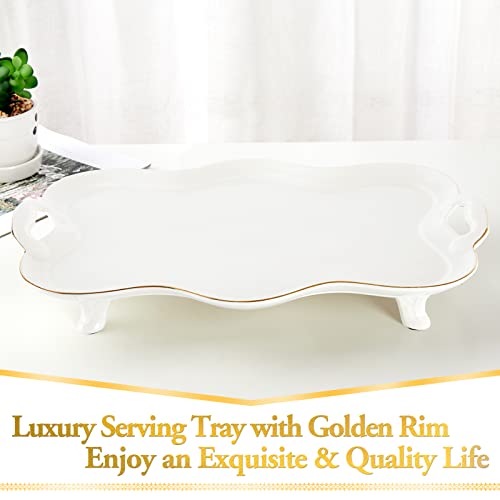 DUJUST Porcelain Serving Tray with Handles, Luxury British Style Coffee Table Tray with Golden Rim, Beautiful Tea Tray Decor for Living Room, Easy to Use & Clean - color: Golden Rim