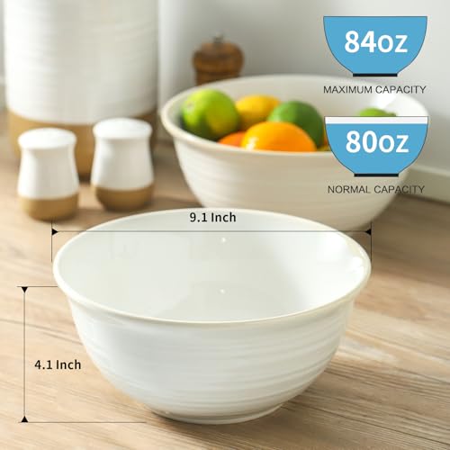 Hasense Serving Bowls, 9 Inch Ceramic Salad Bowls for Kitchen, 84 Ounce Mixing Bowl for Soup Pho Pasta Popcorn, Dishwasher & Microwave Safe, Set of 2(Clay-Infused White) - color: Clay-Infused White, size: 84 Ounce