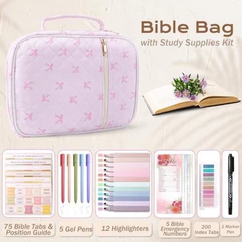 XKDOUS Bible Cover for Women Bible Bag Kit Church Book Holder Carrying Case - color: Pink Bow